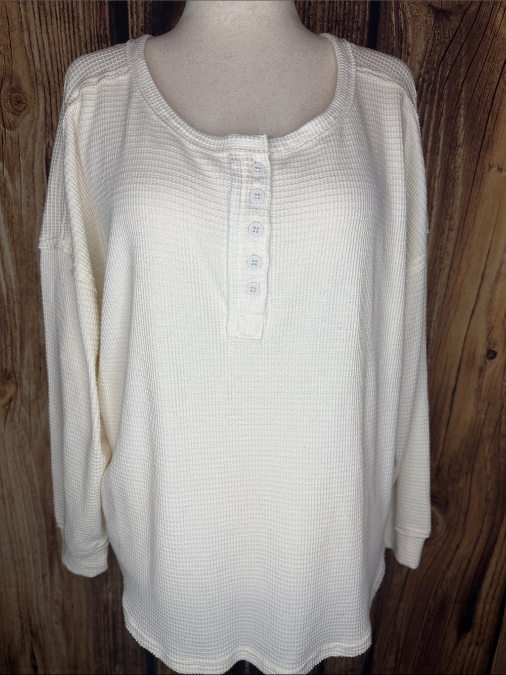 JoyLab Cream Waffle Henley Long Sleeve Top - Ivory